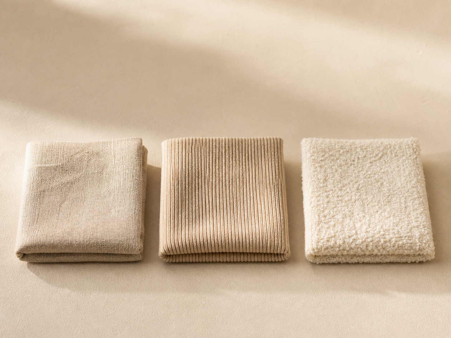 Close-up of ospace linen and boucle fabric textures — premium material quality