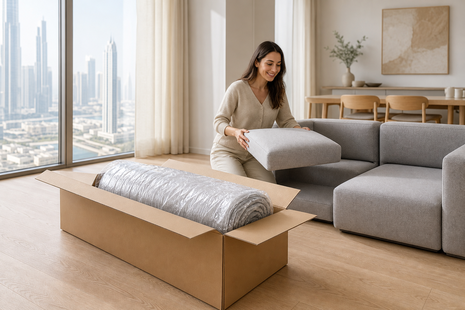 Opening a compact-packed ospace foam sofa at home
