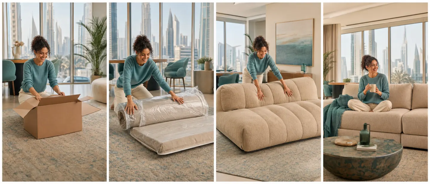 Four-step unboxing sequence: open box, unroll, expand, sit down on finished sofa